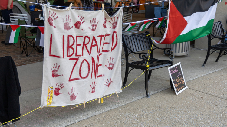 Students have set up their Pro-Palestinian encampment named the "Liberated Zone" near the Kelley School of Business at IUPUI. - Zach Bundy / WFYI