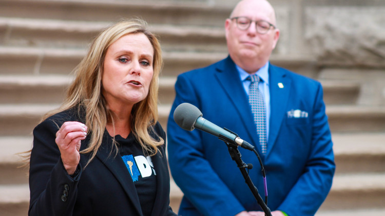Democratic gubernatorial candidate Jennifer McCormick accepted the endorsement of the Indiana Political Action Committee for Education, the political arm of the Indiana State Teachers Association, in front of the Statehouse on April 24, 2024. - Brandon Smith / IPB News