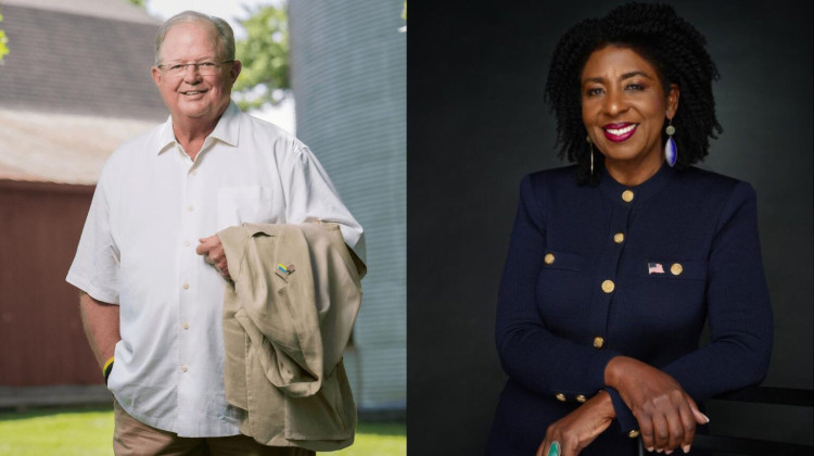 Democrats Marc Carmichael and Dr. Valarie McCray are on the primary ticket in the 2024 race for Indiana’s open U.S. Senate seat. - Photo illustration by Casey Smith / Indiana Capital Chronicle; Photos from campaign websites for Carmichael and McCray