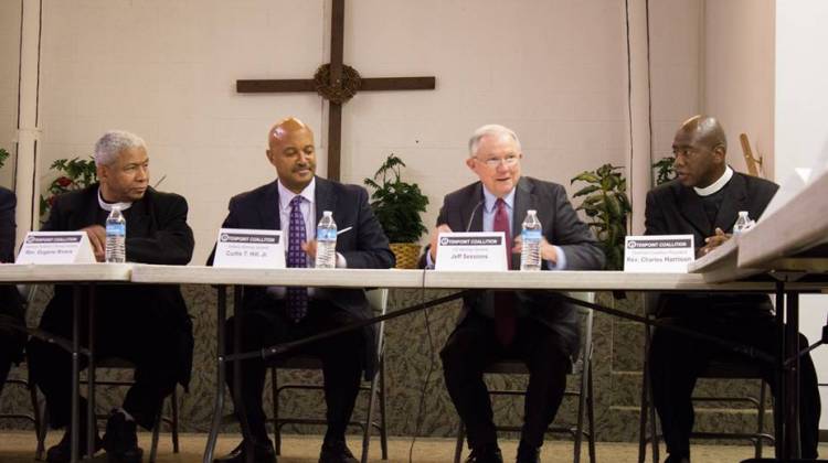 From left to right: Rev. Eugene Rivers, Indiana Attorney General Curtis Hill, U.S. Attorney General Jeff Sessions, Rev. Charles Harrison - Drew Daudelin