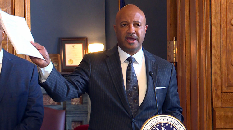 Attorney General Curtis Hill holds the 92 page complaint against opioid manufacturer Purdue Pharma during a November 2018 press conference. The recent decision in Oklahoma against Johnson & Johnson alleged similar complaints.  - Lauren Chapman/IPB News