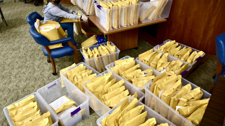 An election worker in St. Joseph County packages and stores ballot envelopes as part of the ballot counting process.  - Justin Hicks/IPB News