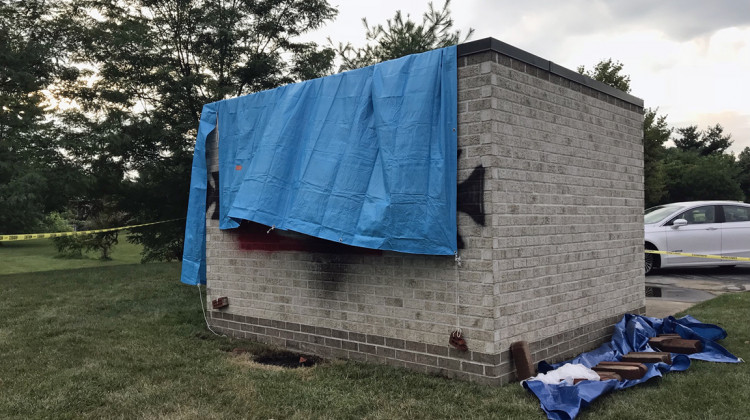 Anti-Semitic graffiti was spray-painted at Congregation Shaarey Tefilla in Carmel, on the bricks making up a shed for the synagogue's garbage container. - Drew Daudelin/WFYI