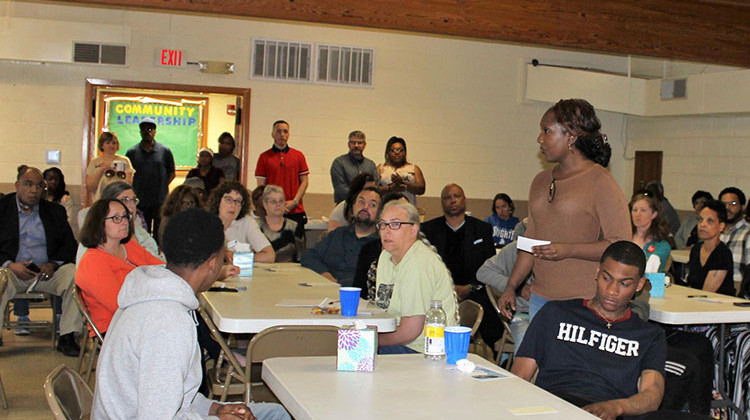 Karen Simms speaks to a group gathered on Friday, May 17, 2019, at the Champaign Community Coalition's first "violence response forum" at Jericho Missionary Baptist Church in Champaign. - Christine Herman/Illinois Public Media