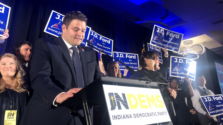 Democrat JD Ford speaks on election night after winning a seat in Indiana's Senate. - Carter Barrett/WFYI