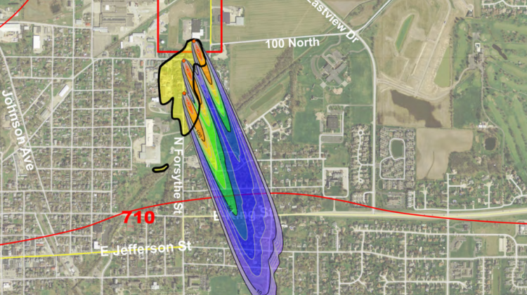 This model estimates water contamination from the Amphenol site (red outline) could have spread farther than the EPA's groundwater study area (yellow). Warmer colors show higher possible levels of the cancer-causing chemical TCE. - Courtesy of Mundell