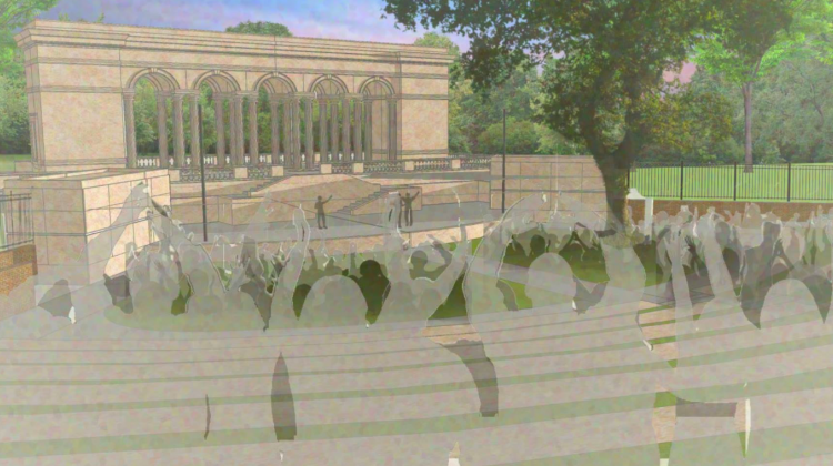 A rendering depicts how the restored Thomas Taggart Memorial at Riverside Park will serve as the centerpiece of a new amphitheater. - Courtesy Indianapolis Parks Foundation