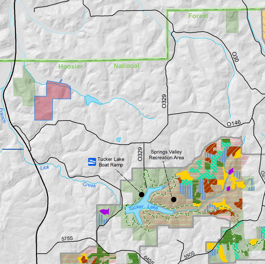 The area at the top left shaded red is the B&R Property, co-owned by Governor Mike Braun. The colored areas are sites affected by the proposed restoration.