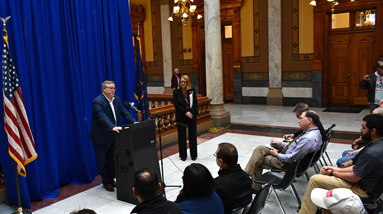 Brett Voorhies, president of the Indiana State AFL-CIO, speaks in support of the Workers Memorial Day resolution. - Justin Hicks/IPB News