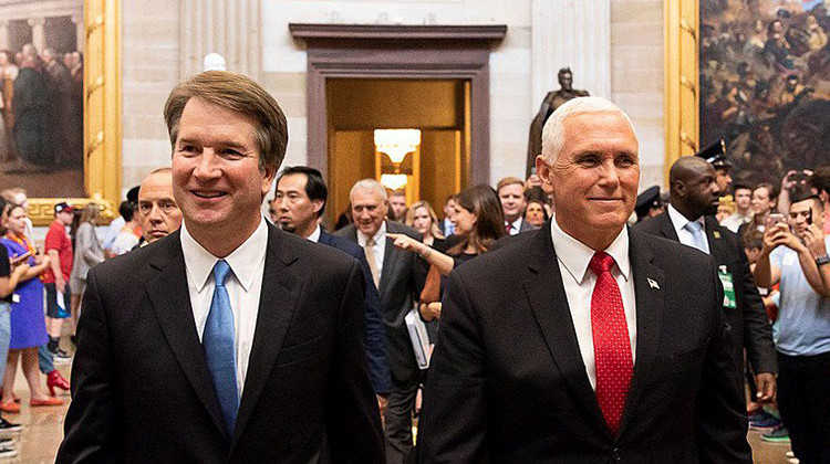 Vic President Mike Pence (right) escorts Judge Brett Kavanaugh (left) to the Capitol on Tuesday, July 10, 2018. Sen. Joe Donnelly (D-Ind.) will meet with Kavanaugh on Aug. 15. - Office of the Vice President