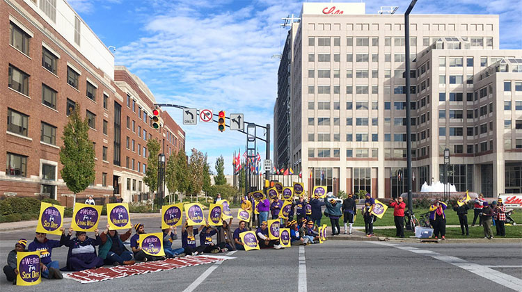 Demonstrators with Service Employees International Union Local 1 protest outside Eli Lilly's corporate headquarters Thursday afternoon. - Service Employees International Union Local 1 via Twitter