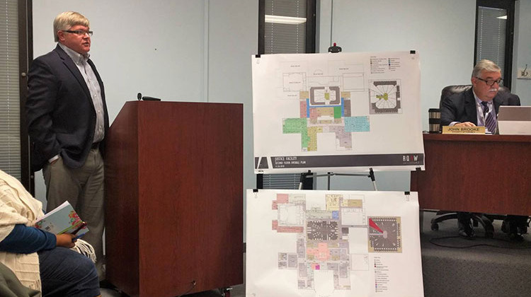 Architects explain project drawings of the proposed jail project to the audience at a commissioner's public hearing. - Stephanie Wiechmann/Indiana Public Radio