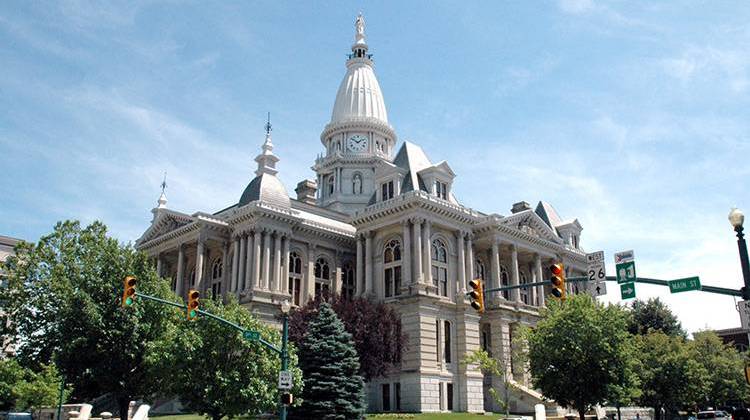 The Tippecanoe County Courthouse suffered about $200,000 in damage when the truck rammed through the glass doors of the building's entrance and caught fire on Aug. 2, 1998. - FILE PHOTO