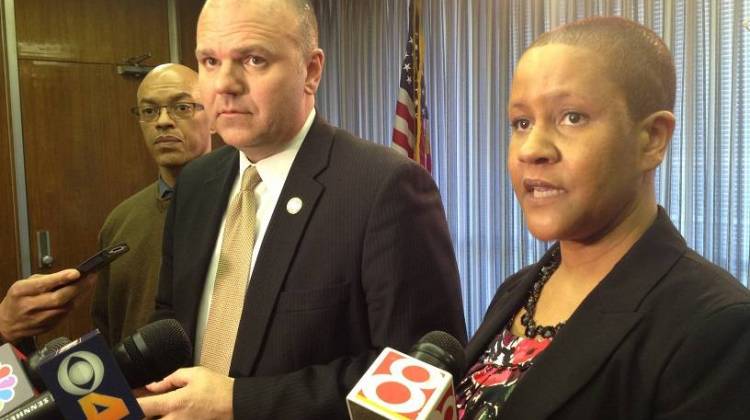 Indianapolis Department of Public Safety Director Troy Riggs and deputy director Valerie Washington discuss the city's contract with InterAct on Friday, March 6, 2015 at the City-County Building. - Eric Weddle / WFYI Public Media