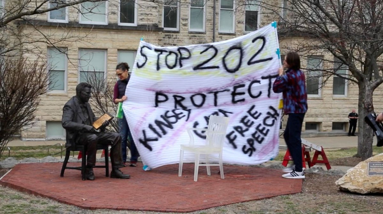 Indiana University community members protested Senate Bill 202 in spring 2024. Now called Enrolled Act 202, Indiana's public colleges must comply with the law. - Devan Ridgway / WTIU