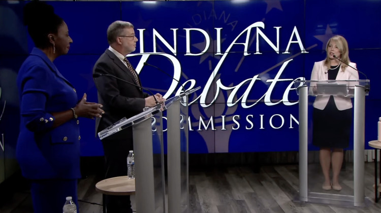 Indiana Democratic U.S. Senate candidate Dr. Valerie McCray, left, and Libertarian candidate Andrew Horning, center, met for a debate moderated by Laura Merrifield Wilson, University of Indianapolis associate professor of political science. on Tuesday, Oct. 29, 2024. - Screenshot of Indiana Debate Commission livestream