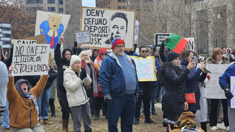 Protesters gather at Indiana Statehouse to oppose Trump and Project 2025