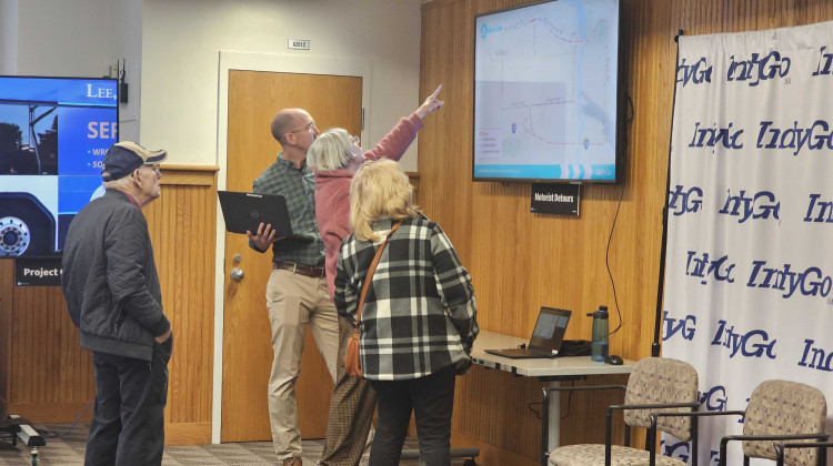 IndyGo staff answer questions from Indianapolis residents about road closures, detours and construction timelines related to the upcoming Blue Line bus rapid  transit route. - Jeremy Reuben / WFYI