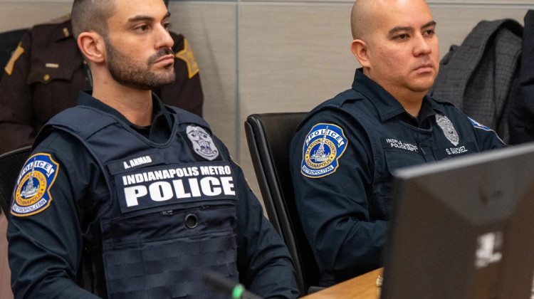 IMPD officers, Adam Ahmad, left, and Steven Sanchez during the first day of their jury trial, which began on Monday, Dec. 2 at the Marion County Courthouse. - WTHR/Pool