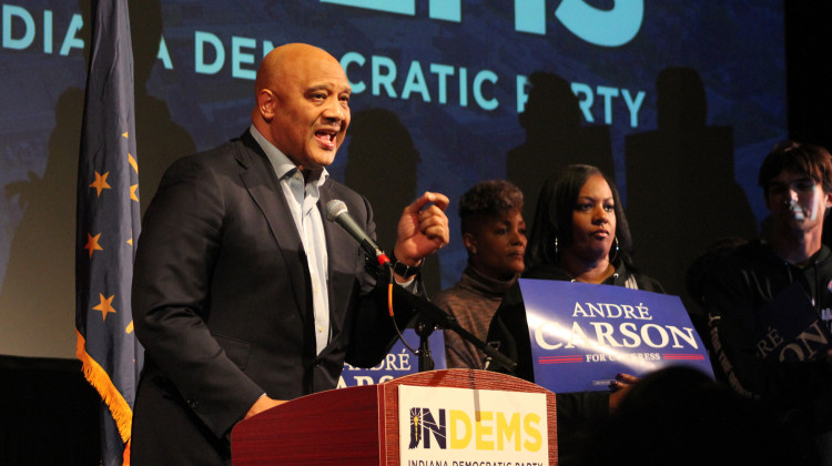 Democrat André Carson speaks to the crowd at a Democratic watch party on Nov. 5, 2024. Carson won his reelection bid for Indiana’s 7th congressional district with more than 68% of the vote. The district represents most of Indianapolis. - Ben Thorp / WFYI