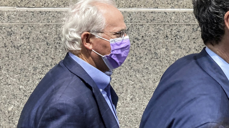 Former U.S. Rep. Stephen Buyer, left, trails his lawyer as he leaves Manhattan federal court after pleading not guilty to charges that he participated in an insider trading scheme while working as a consultant, July 27, 2022, in New York. Buyer went on trial Wednesday, March 1, 2023, on insider trading charges, accused of illegally garnering stock windfalls by exploiting his consulting clients' corporate secrets years after he left Congress.  - AP Photo/Larry Neumeister, File