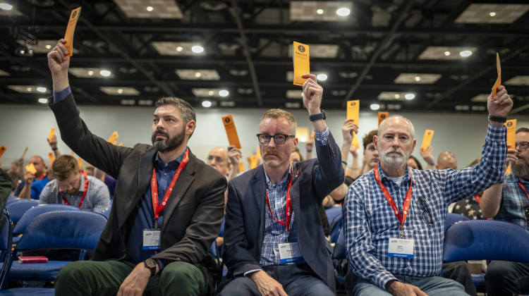 Messengers raise their ballots in support of a motion put up for vote during a Southern Baptist Convention annual meeting Tuesday, June 11, 2024, in Indianapolis. - Doug McSchooler / AP Photo