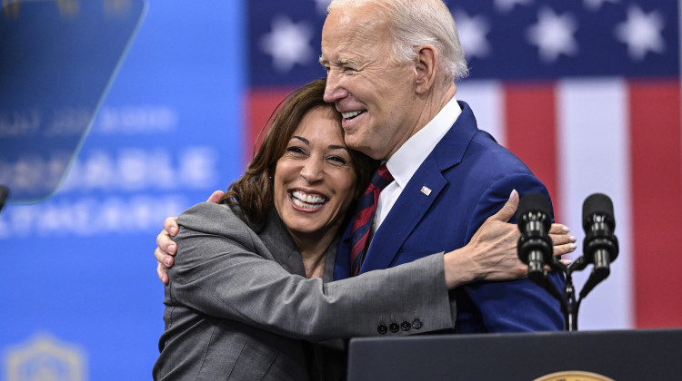 Vice President Kamala Harris embraces President Joe Biden after a speech on healthcare in Raleigh, N.C., March. 26, 2024. President Joe Biden dropped out of the 2024 race for the White House on Sunday, July 21, ending his bid for reelection following a disastrous debate with Donald Trump that raised doubts about his fitness for office just four months before the election. (AP Photo/Matt Kelley, File)