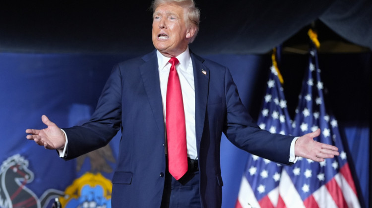 Republican presidential candidate former President Donald Trump gestures to the crowd as he arrives to speak at a campaign rally, July 31, 2024, in Harrisburg, Pa. Facing the need to win Pennsylvania, Vice President Kamala Harris has sworn off any prior assertion that she opposed fracking. But that hasn't stopped Trump from wielding her now-abandoned position as to win over working-class voters in the key battleground state where the industry means jobs. - (AP Photo/Alex Brandon, File)