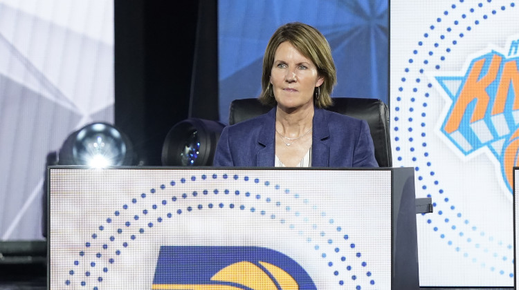 Kelly Krauskopf sits on stage during the 2022 NBA basketball Draft Lottery, May 17, 2022, in ChicKelly Krauskopf sits on stage during the 2022 NBA basketball Draft Lottery, May 17, 2022, in Chicago.ago. - Charles Rex Arbogast / AP File Photo