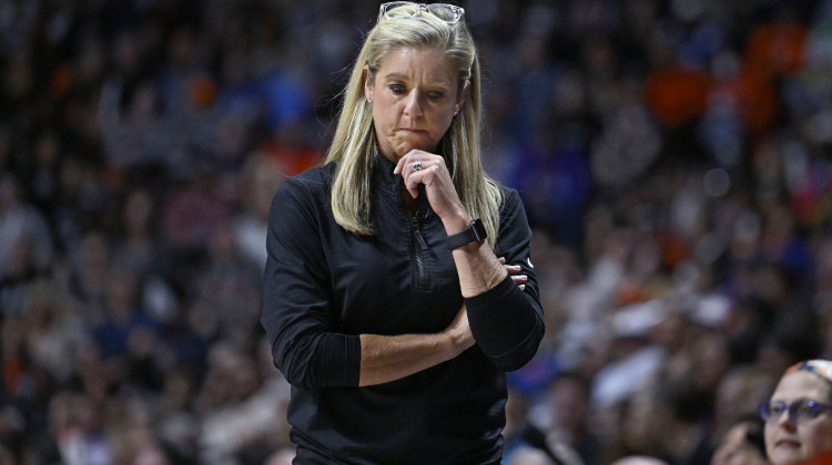 Indiana Fever head coach Christie Sides reacts during Game 2 of a first-round WNBA basketball playoff series against the Connecticut Sun, Sept. 25, 2024, in Uncasville, Conn.  - Jessica Hill / AP Photo