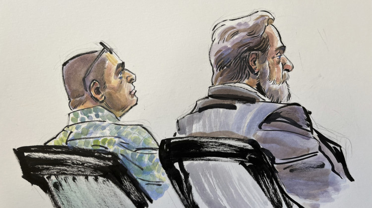 In this courtroom sketch, Richard Allen, left, is seated next to one of his defense attorneys, Andrew Baldwin, inside a courtroom at the Carroll County Courthouse in Delphi, Ind. on Monday, Oct. 28, 2024.  - Li Buszka / AP, Pool