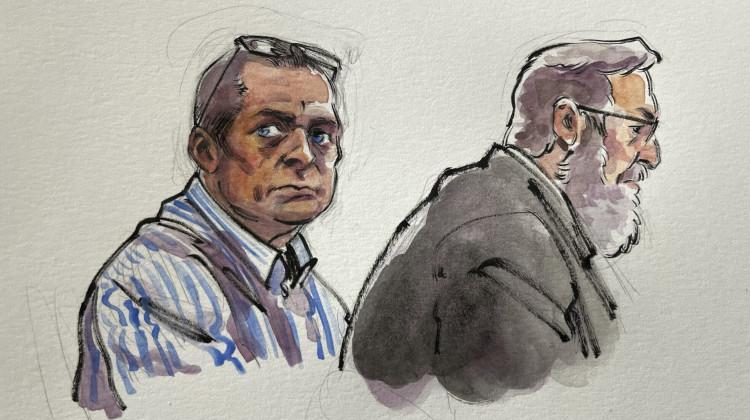 In this courtroom sketch, Richard Allen, left, is seated next to one of his defense attorneys, Andrew Baldwin, inside a courtroom at the Carroll County Courthouse in Delphi, Ind. on Saturday, Nov. 2, 2024. - Li Buszka via AP, Pool