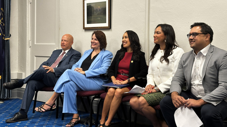 Sen. Mike Crider (R-Greenfield), Rep. Cindy Ledbetter (R-Newburgh), Rep. Victoria Garcia Wilburn (D-Fishers), Sen. Andrea Hunley (D-Indianapolis) and Indiana Behavioral Commission Chair Jay Chaudhary presented on the commission's legislative recommendations. - Abigail Ruhman / IPB News