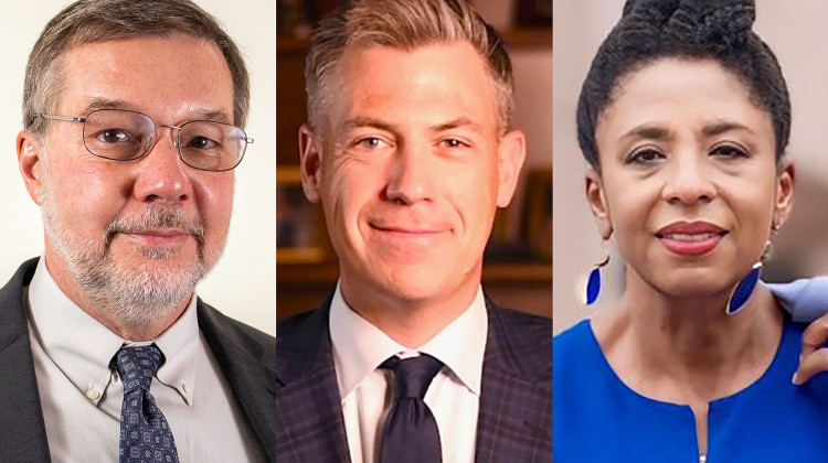 The candidates for Indiana's 2024 U.S. Senate race are, from left to right, Libertarian Andrew Horning, Republican Jim Banks and Democrat Valerie McCray. - Courtesy of Horning Facebook page, Banks Facebook page and McCray campaign