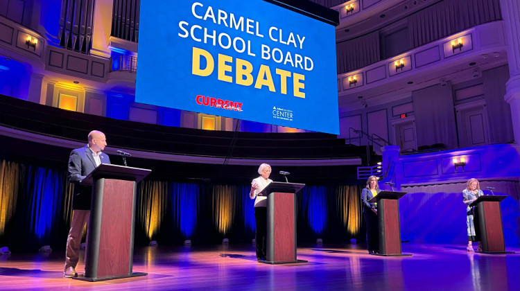 From left to right: Carmel Clay School Board candidates Jon Shapiro, Dina Ferchmin, Robin Clark and Kris Wheeler on stage during a debate on Sept. 30, 2024 at the Palladium Center for the Performing Arts in Carmel, Ind.  - Lee V. Gaines / WFYI