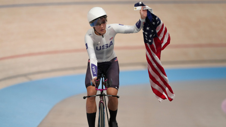 Chloe Dygert of the United States celebrates winning the gold medal in the women's team pursuit event, at the Summer Olympics, Wednesday, Aug. 7, 2024, in Paris, France. - Thibault Camus / AP Photo