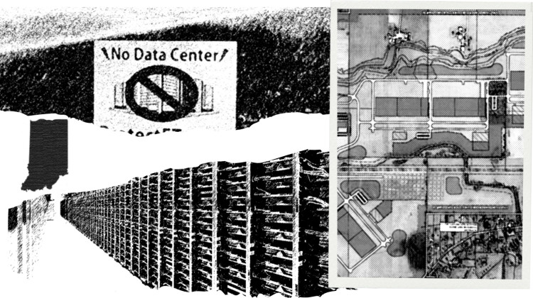 Indianapolis is becoming home to a growing number of data centers, including a large-scale facility proposed in Franklin Township. A site map of the project is shown on the right. In response, residents have launched a communitywide campaign, placing signs like the one above in their yards to voice opposition. - Graphic Illustration by Farrah Anderson, Photos courtesy of Protect FT.
