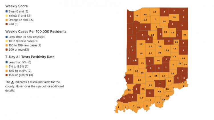 A screenshot of the Indiana State Health Department’s updated weekly tracking map labels 36 of the state’s 92 counties the most dangerous red category. - Indiana State Department of Health