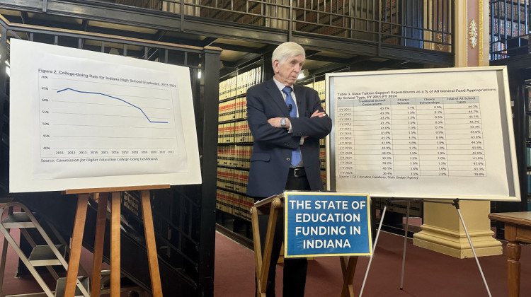 Rep. Ed DeLaney (D-Indianapolis) presents on education funding in the Supreme Court Library at the Indiana Statehouse on Wednesday, Oct. 2, 2024. - Rachel Fradette / WFYI