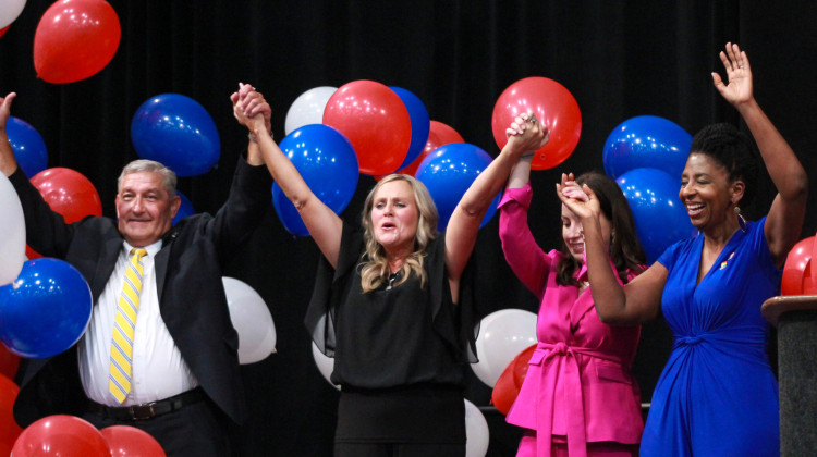 Indiana's Democratic statewide candidates celebrated at the Indiana Democratic Party convention on Saturday, July 13, 2024. From left to right are Terry Goodin, Jennifer McCormick, Destiny Wells and Valerie McCray.  - Brandon Smith / IPB News