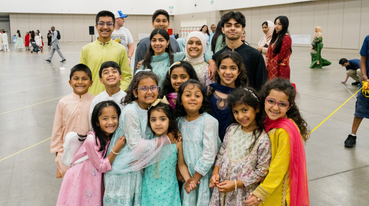 Children at the Indiana Convention Center getting ready for Eid al-Adha prayer on June 16, 2024. Eid is a time when Muslims buy new clothes for their children and show off traditional attire. - Courtesy of Ziad Hefni