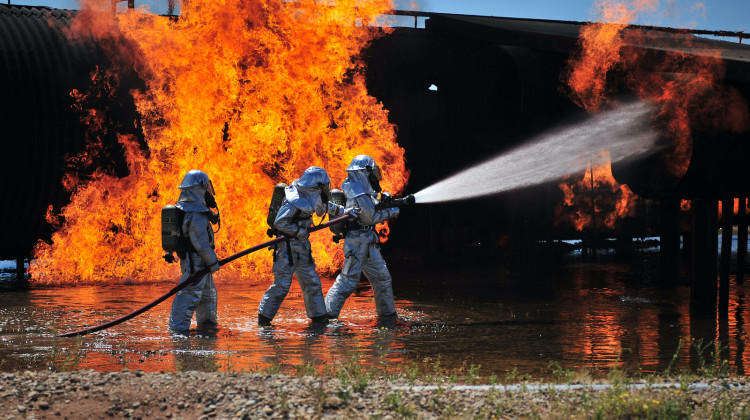 Firefighting foams with PFAS are used to contain highly flammable fires like this that can't be extinguished with water. (Eboni Reece / U.S. Department of Defense) - rawpixel.com / U.S. Department of Defense (Source)/rawpixel.com / U.S. Department of Defense (Source)