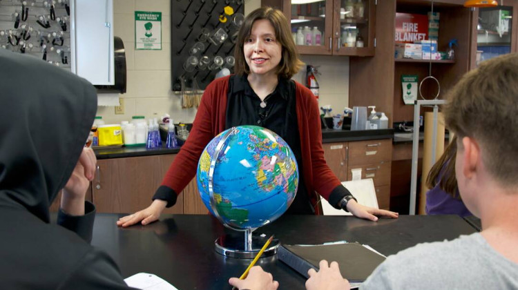 Bloomington High School South science teacher Kirstin Milks leads a lesson on human-caused climate change and technologies that could help reduce greenhouse gas emissions. - Chris Elberfeld / WFYI