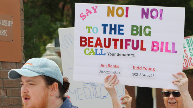 The grassroots organization Lawrence County Deserves Better put together the rally in Mitchell, Indiana, on Saturday, May 31, 2025. Organizers said cuts to SNAP, Medicaid and Medicare exacerbate the rural community's care and food deserts. - Abigail Ruhman / IPB News