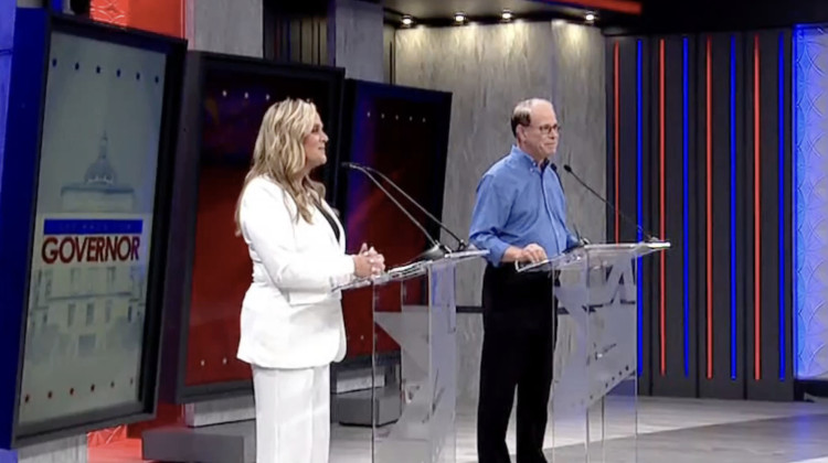 Democrat Jennifer McCormick, left, and Republican Mike Braun, met in the first televised debate of the 2024 general election gubernatorial race on Oct. 2, 2024. The debate was hosted by Fox59/CBS4 in Indianapolis. - Screenshot of Fox59