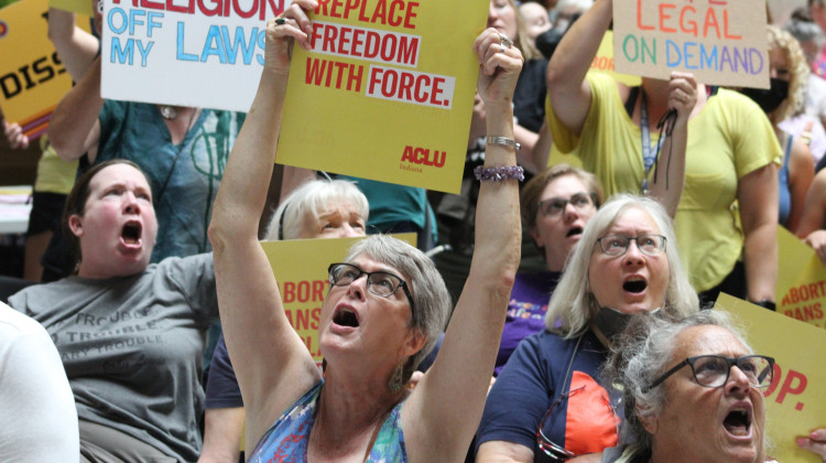 Protestors gathered at the statehouse during a special session in which Indiana’s near-total abortion ban was passed in 2022 - Ben Thorp / WFYI