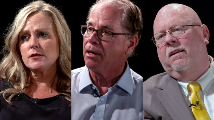 From left to right, Democrat Jennifer McCormick, Republican Mike Braun and Libertarian Donald Rainwater are the candidates for Indiana's 2024 open governor's race. - Alan Mbathi / IPB News