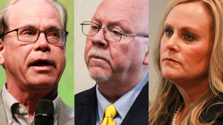 From left to right, Indiana gubernatorial candidates Mike Braun, the Republican; Libertarian Donald Rainwater; and Democrat Jennifer McCormick. Braun and McCormick will participate in three televised debates, with Rainwater excluded from one of them. - Brandon Smith / IPB News