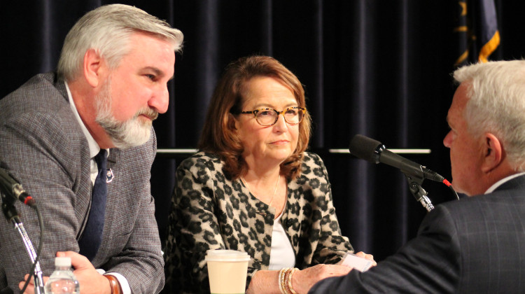 Gov. Eric Holcomb, left, and Chief Justice Loretta Rush, right, both noted the significantly high turnover in the state's judiciary during Holcomb's two terms. - Lauren Chapman / IPB News