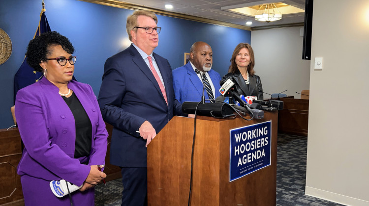 House Democratic leaders, from left, Rep. Cherrish Pryor (D-Indianapolis), Rep. Phil GiaQuinta (D-Fort Wayne), Rep. Greg Porter (D-Indianapolis) and Rep. Carey Hamilton (D-Indianapolis) unveiled their caucus's agenda on Jan. 8, 2025. - Brandon Smith / IPB News